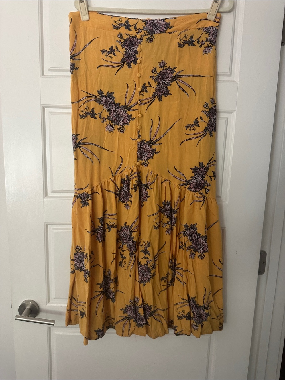 Simplee Apparel Mustard and Purple Floral Tiered Maxi Skirt